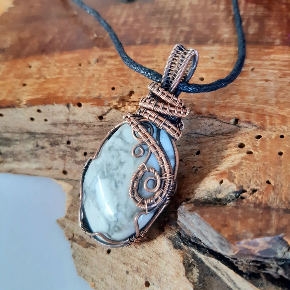 White Howlite and Copper Wire Wrapped Pendant