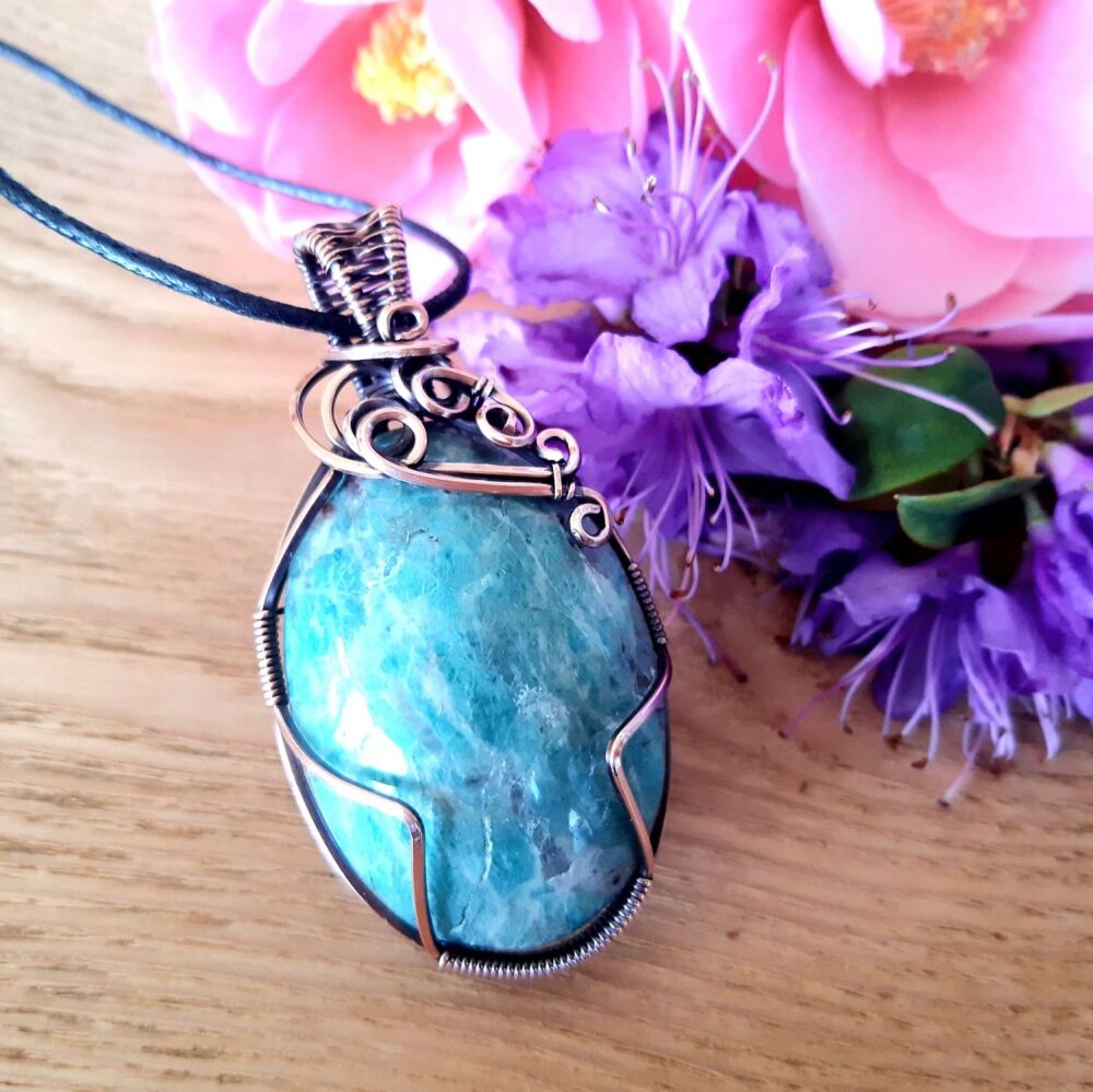 Amonzanite and Copper Wire Wrapped Pendant