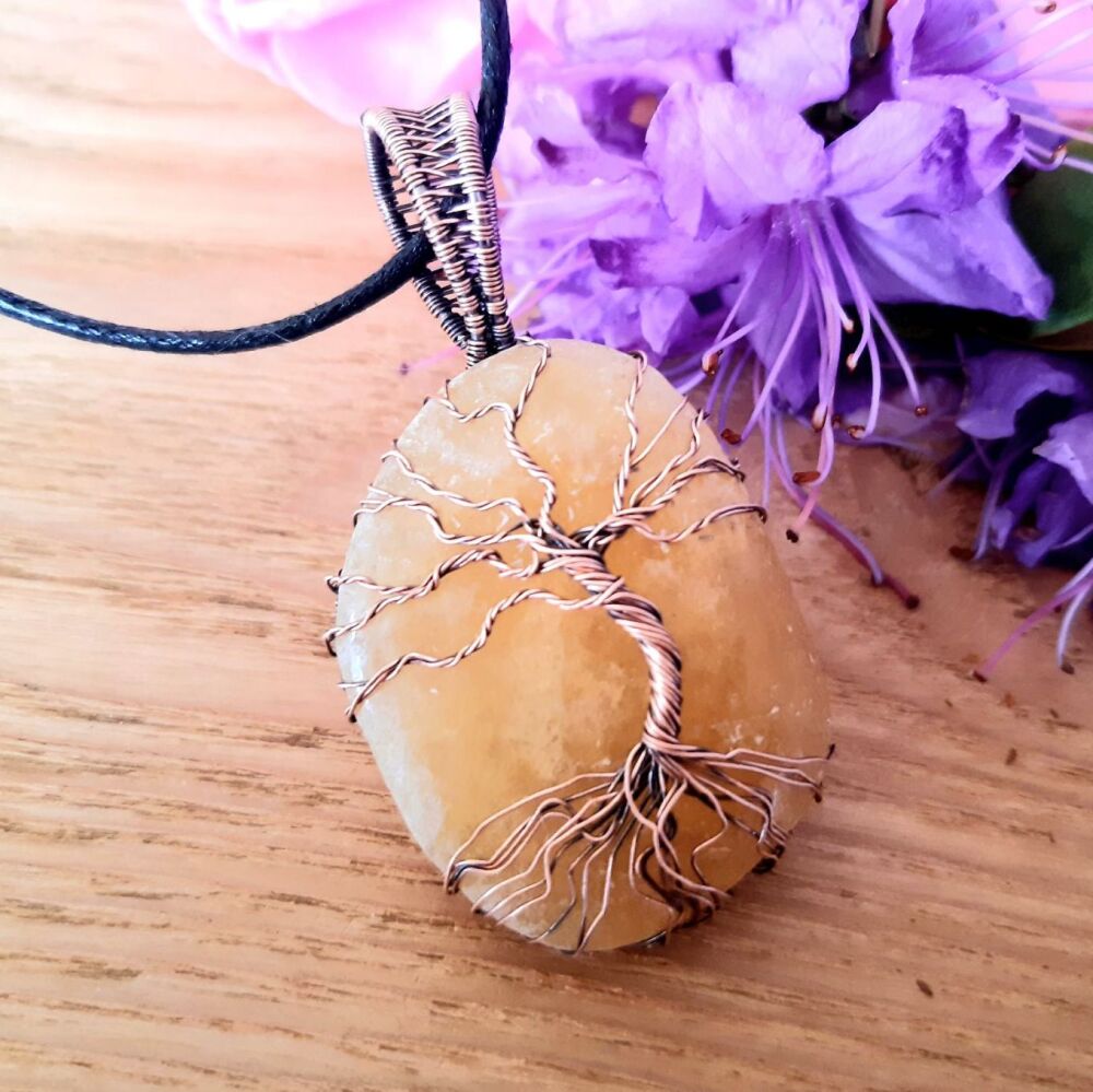 Orange Calcite and Copper Wire Wrapped Pendant