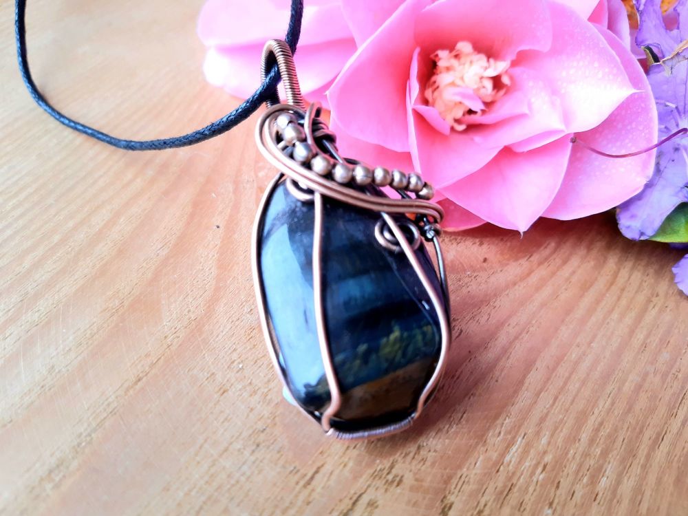 Blue Tiger's Eye and Copper Wire Wrapped Pendant