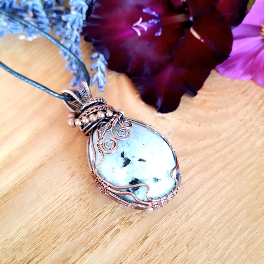 Rainbow Moonstone and Copper Wire Wrapped Pendant