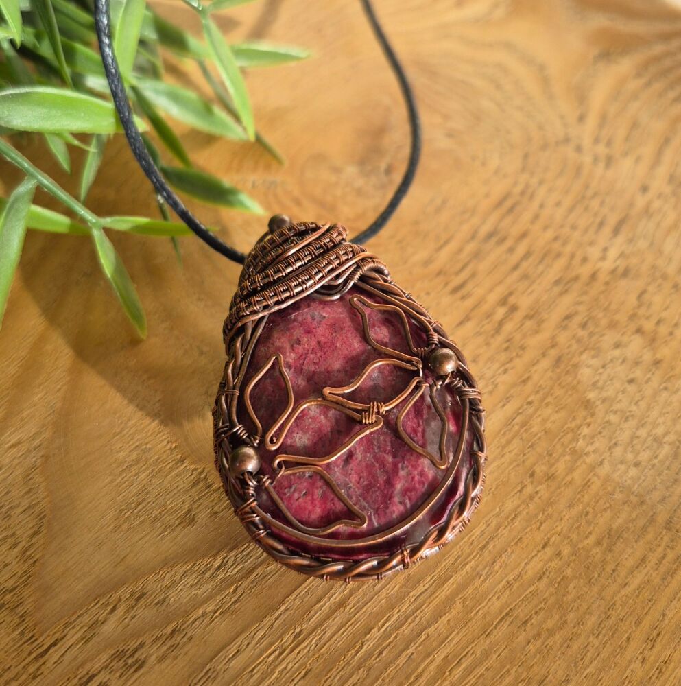 Rhodonite and Copper Wire Wrapped Pendant
