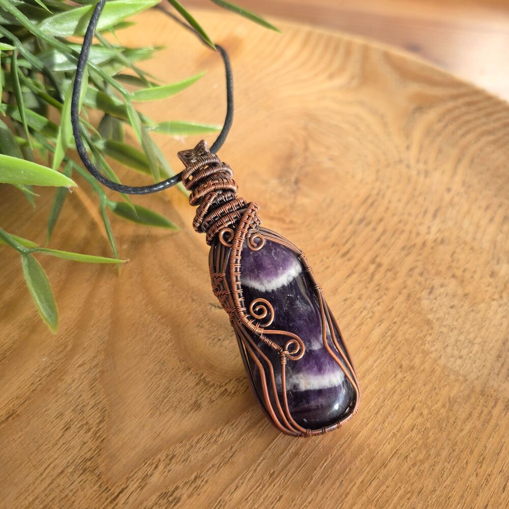 Chevron Amethyst and Copper Wire Wrapped Pendant
