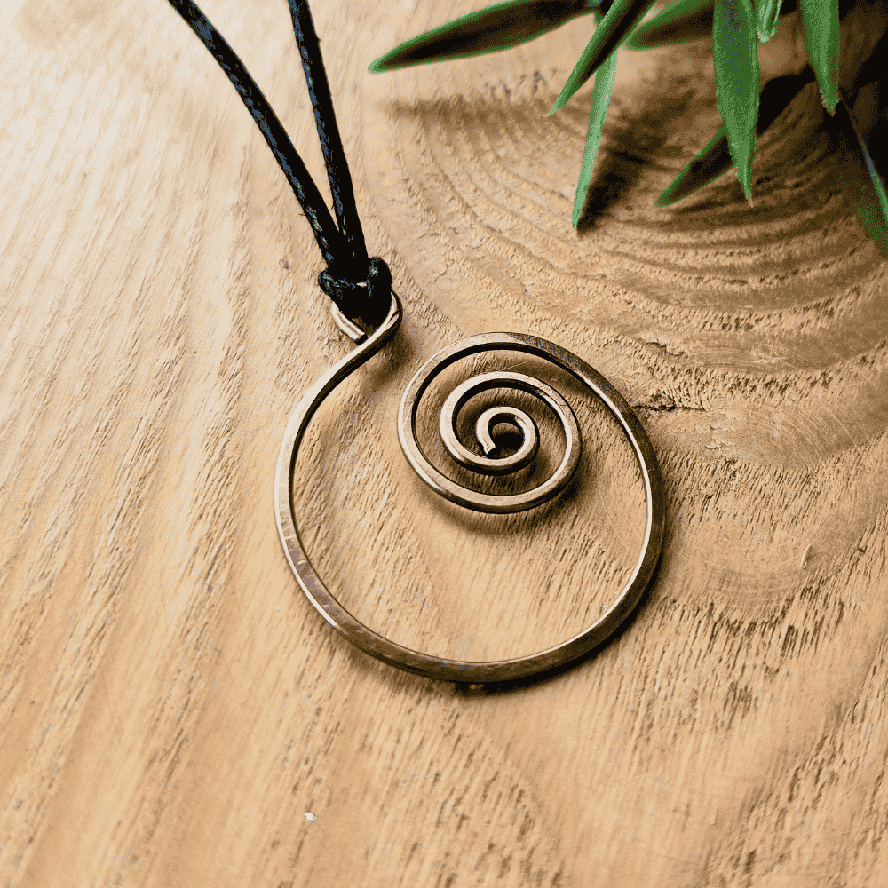 Large spiral copper pendant necklace
