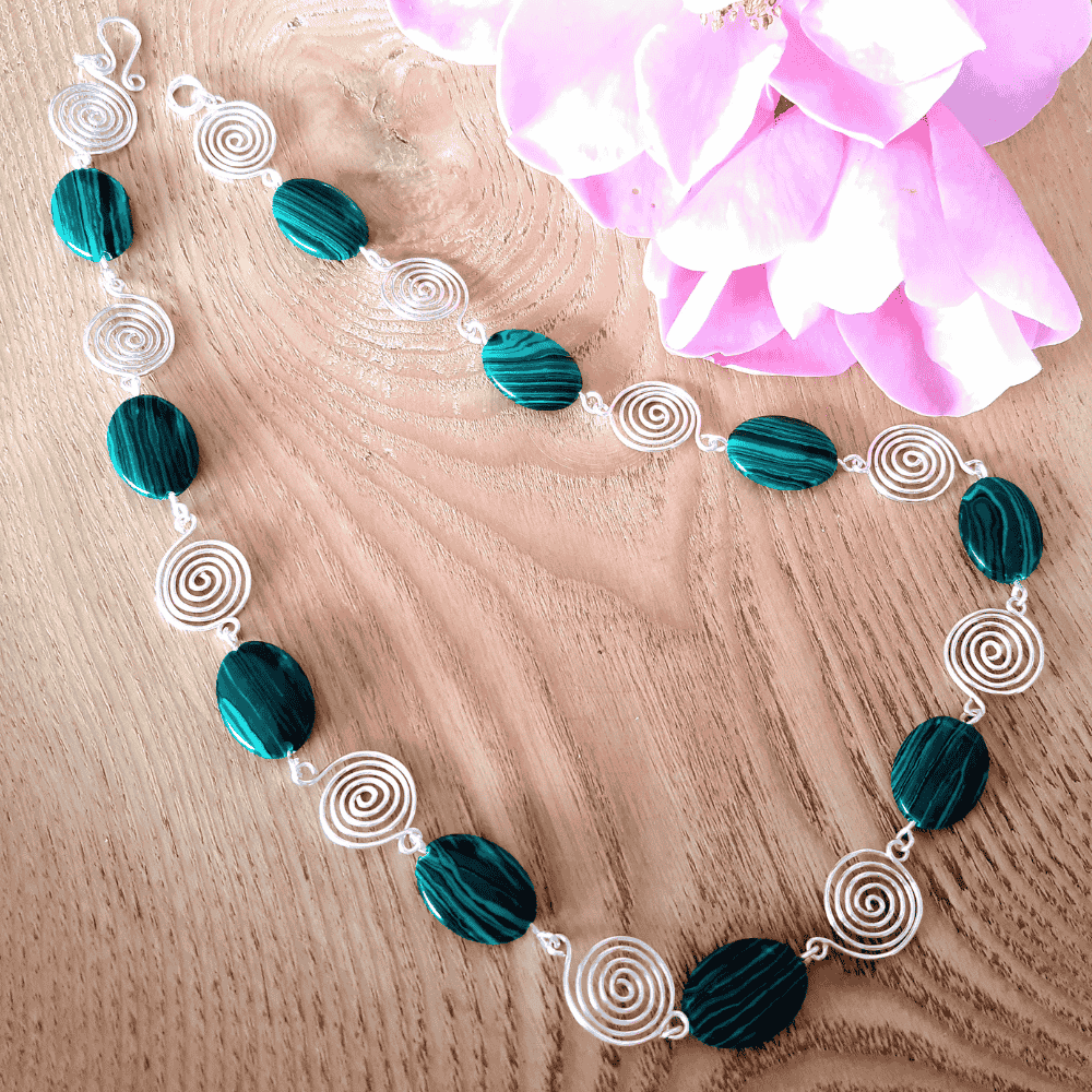 Malachite ovals with silver wire spirals necklace