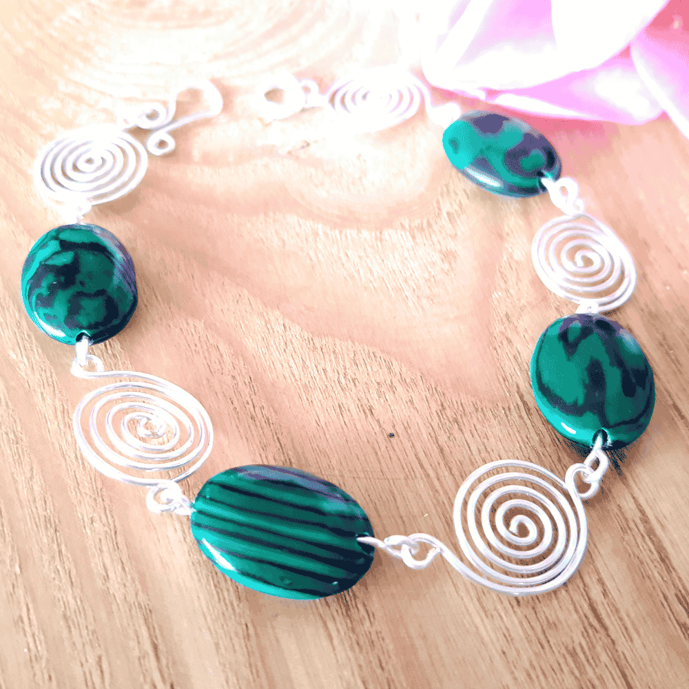 Green stripped Malachite and silver open spirals bracelet