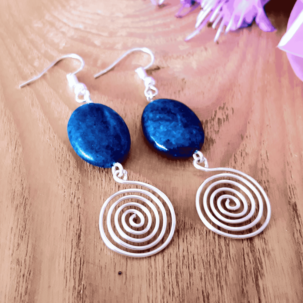 Azurite and open Silver Spiral Earrings