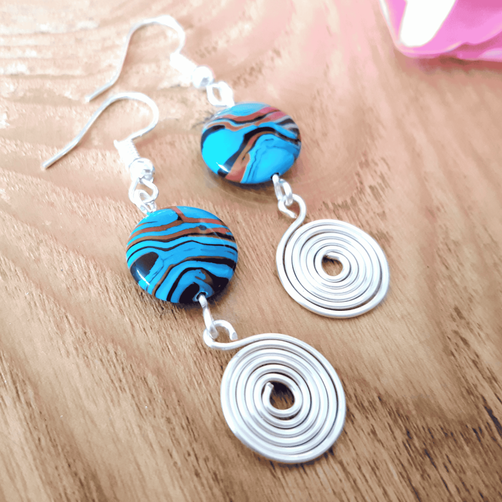Blue Malachite and silver open spiral earrings