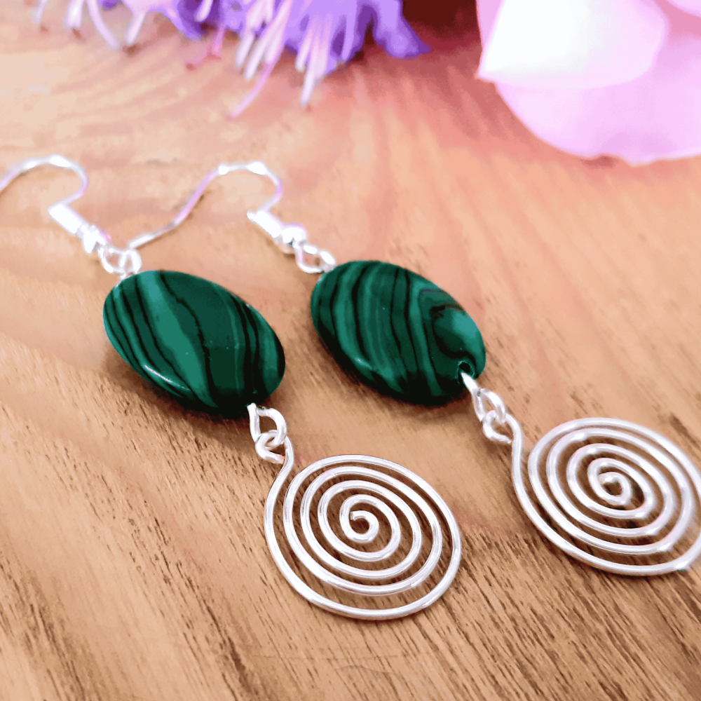 Malachite ovals and silver spiral earrings