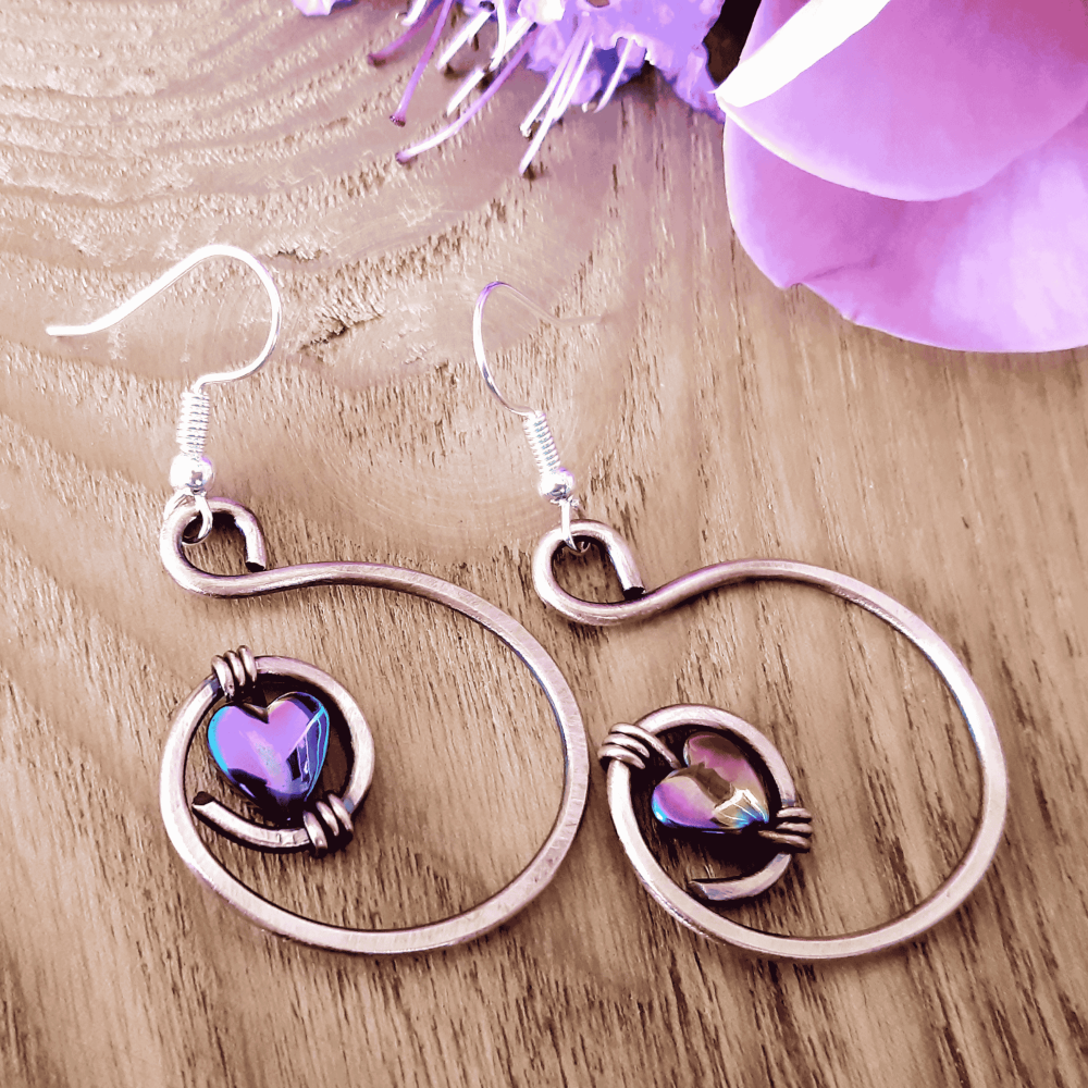 Rainbow Hematite heart hoop spiral earrings