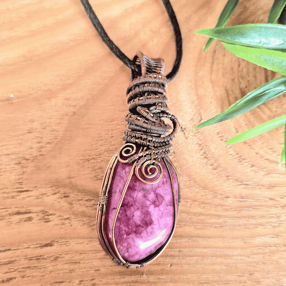 Pink Crackle Quartz and Copper Wire Wrapped Pendant