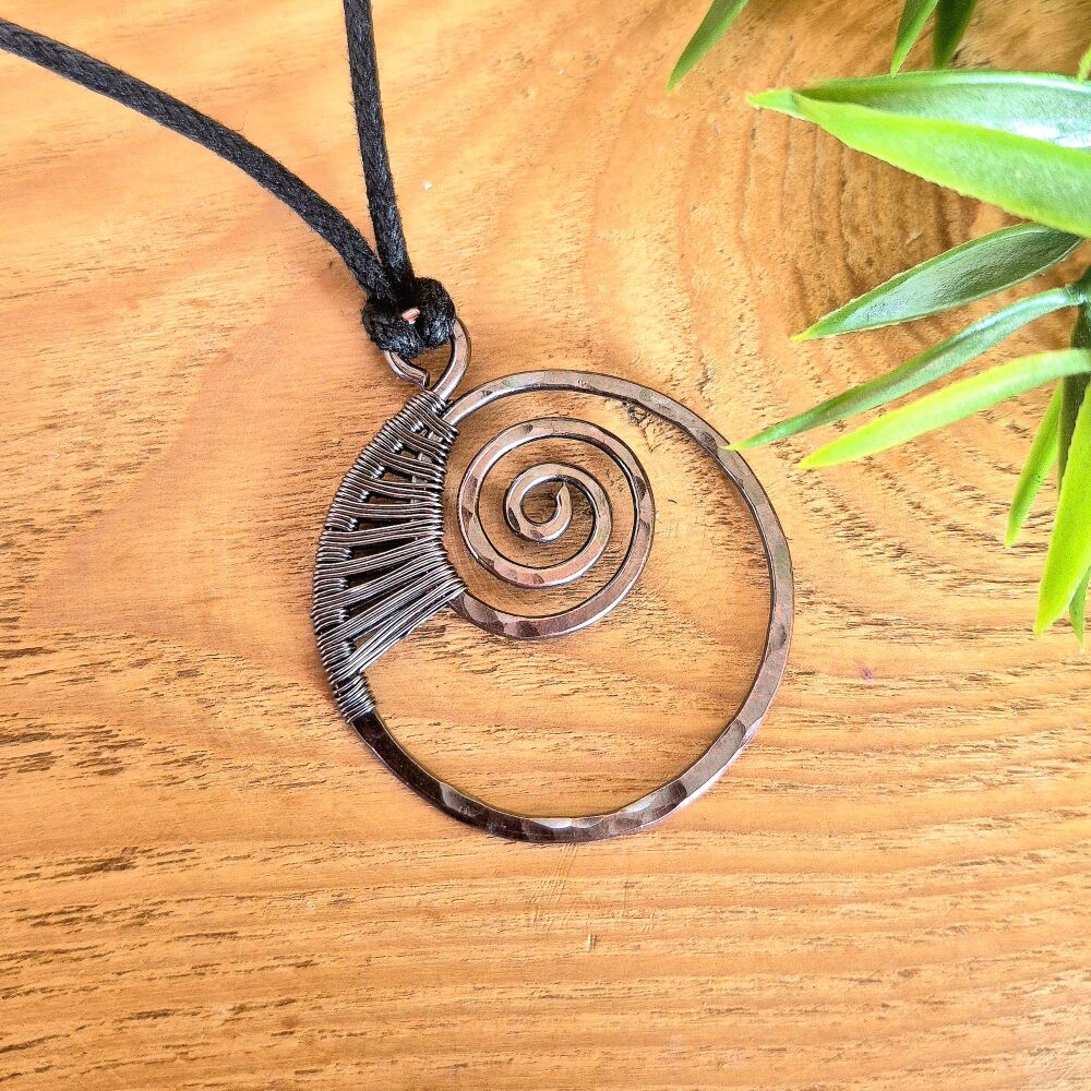 Copper wire wrapped Spiral Ammonite fossil Circle Pendant