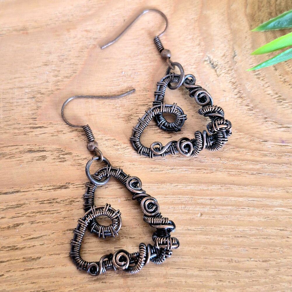 Copper wire wrapped heart earrings