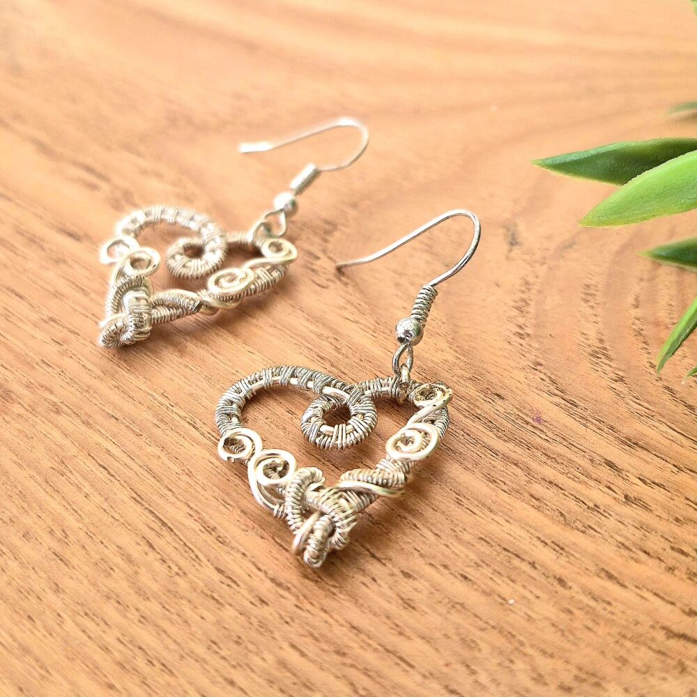 Silver wire wrapped heart earrings