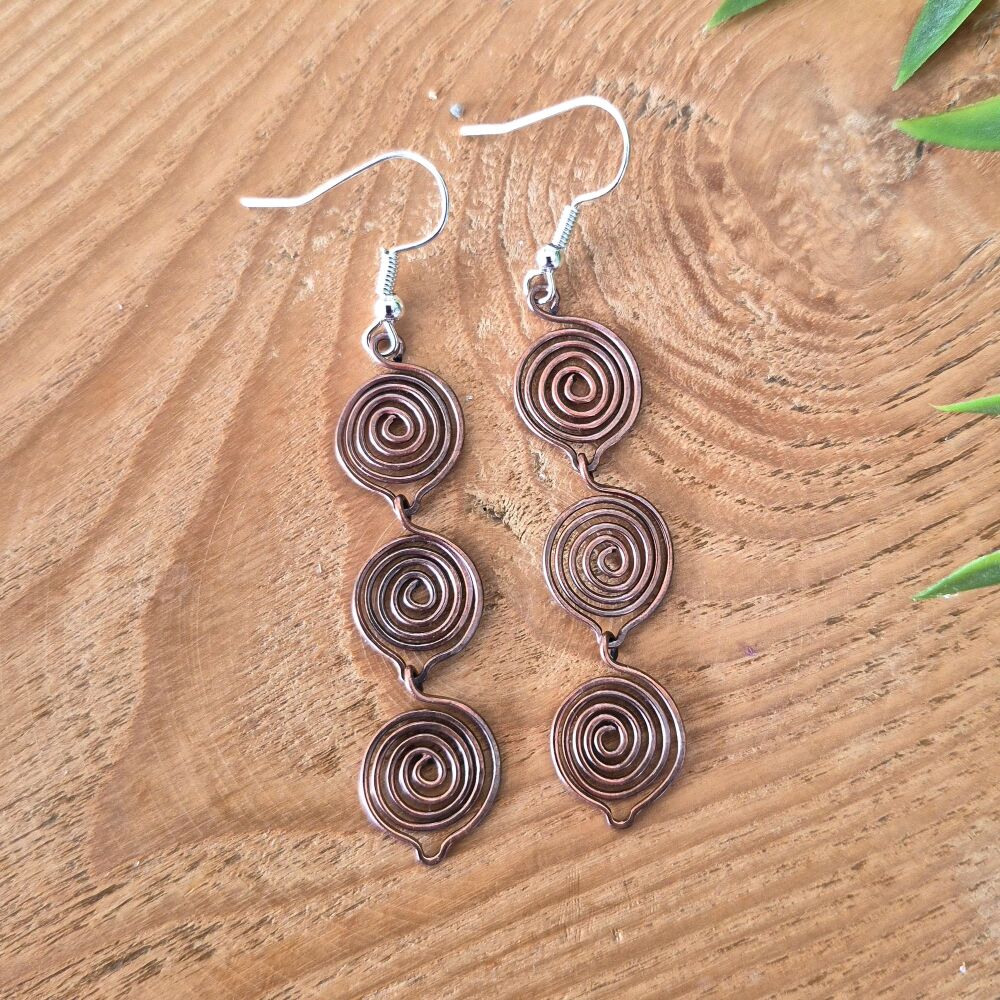 Boho Jewellery Triple spiral copper earrings