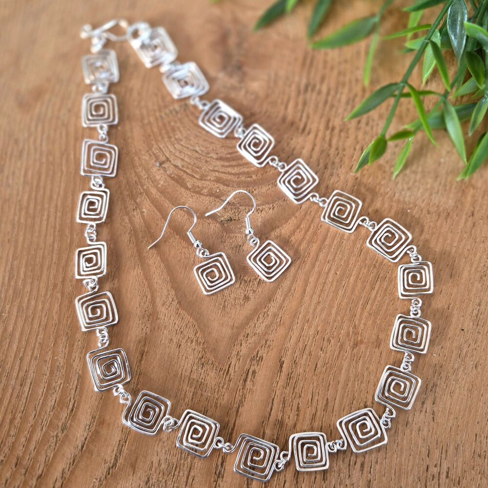 Square Silver Spiral Set Necklace and Earrings