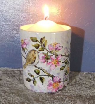 Candle Pot - Two birds & roses.