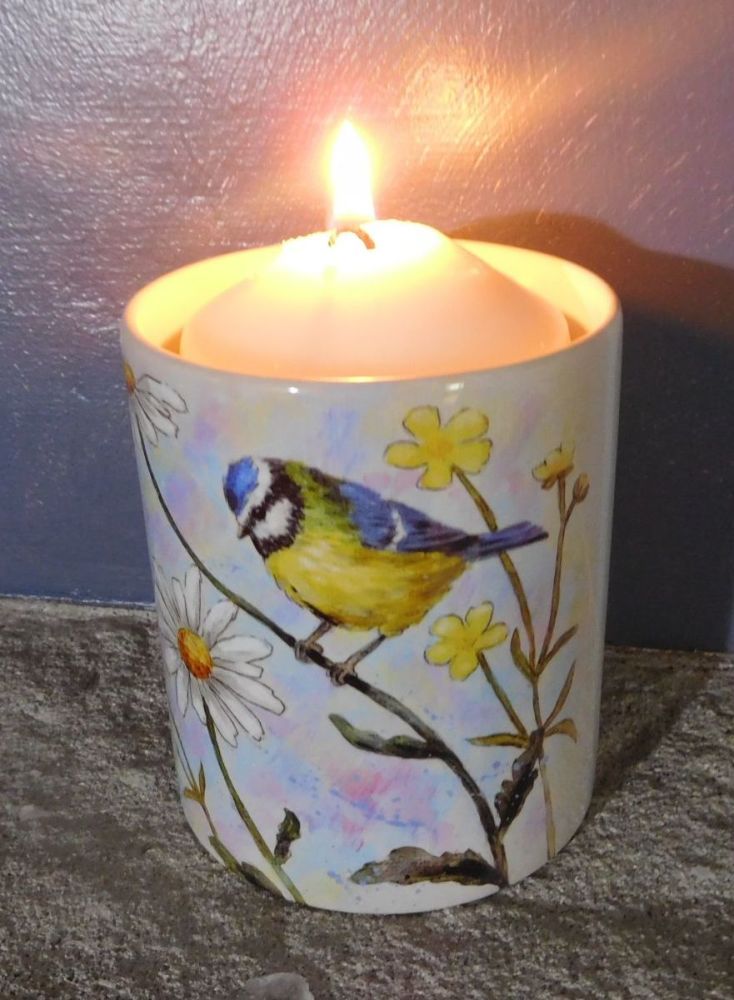 Candle Pot - Blue Tits & Daisies