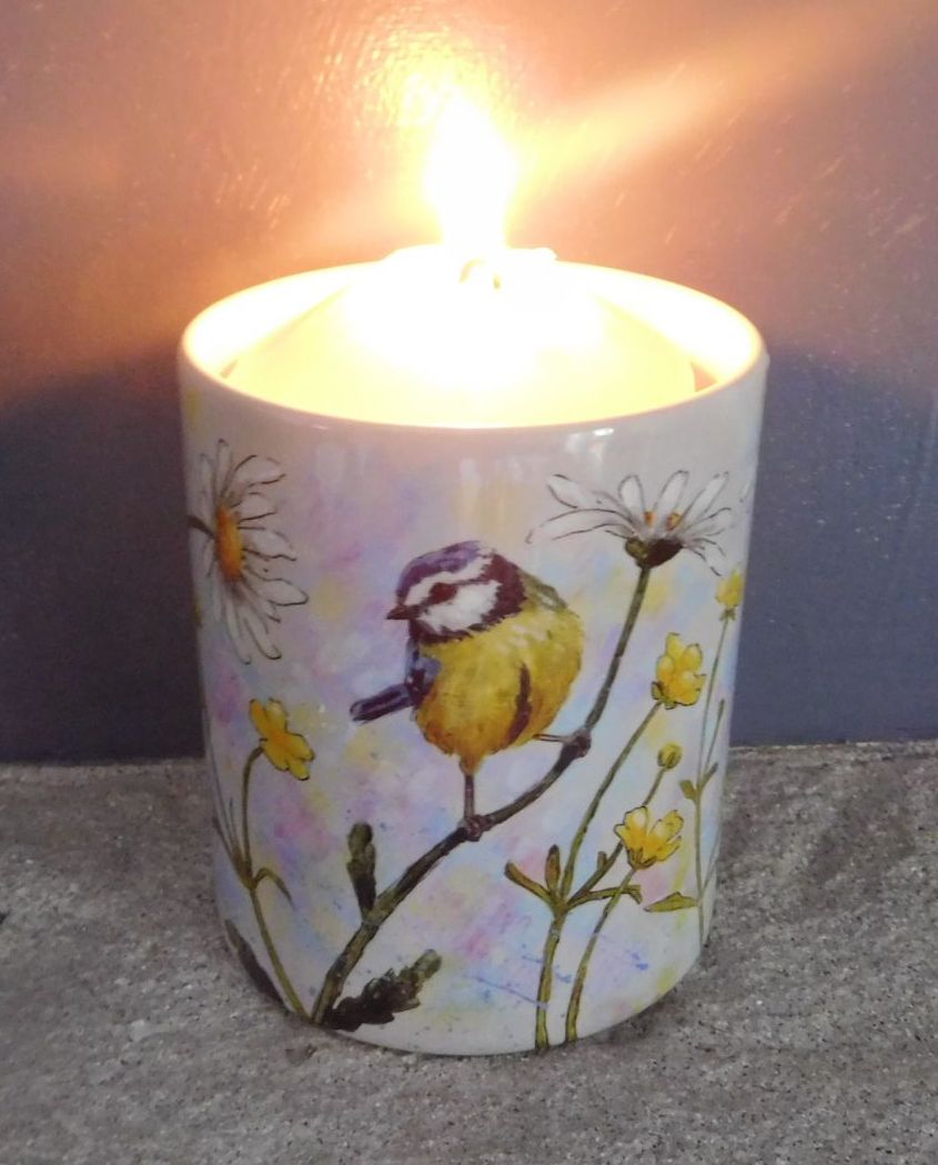 Candle Pot - Blue Tits & Daisies