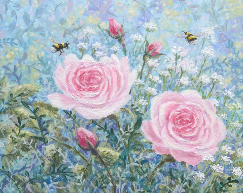 Original Paintings - 2 Bees 2 Roses