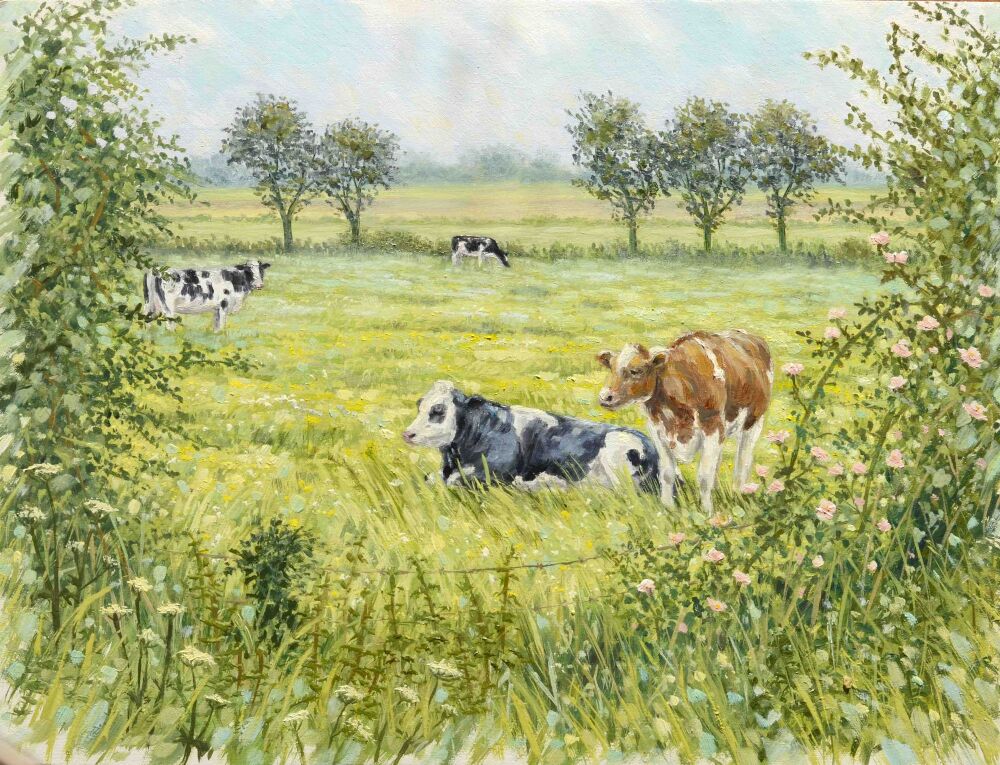 Original Paintings - Cows in the meadow