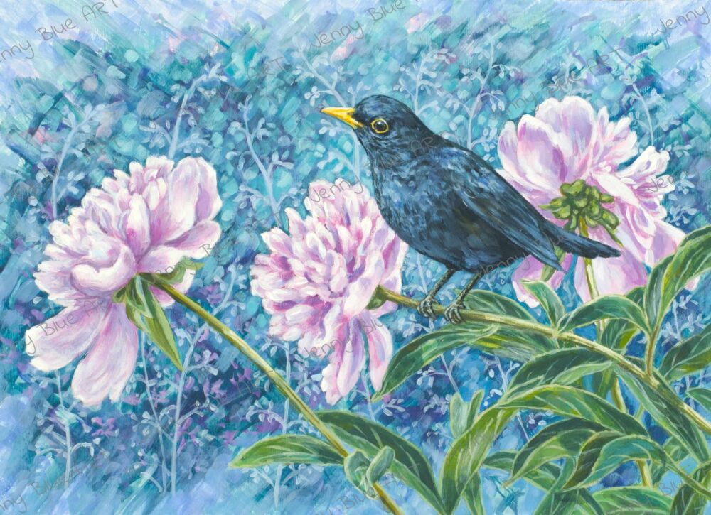 Original Paintings - Blackbird & Peonies