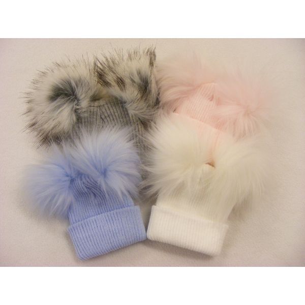 1ST SIZE SELF COLOUR RIBBED 2 POM FAUX FUR POM HAT - 0-2mths
