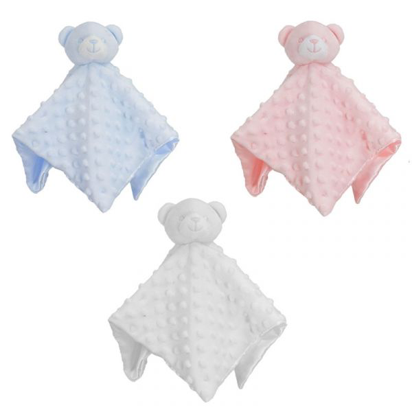 soft-touch-bubble-velour-baby-bear-comforter- colours- White, Pink, or Blue