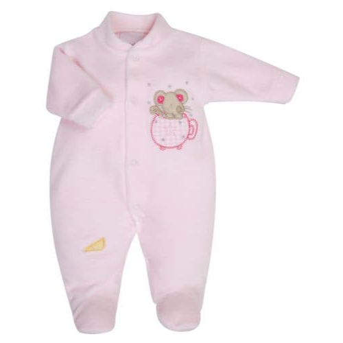 Dandelion  Mouse in Teacup Velour Sleepsuit---Pink