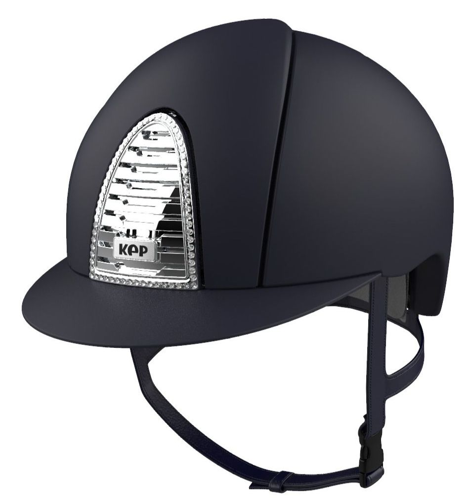 KEP CROMO 2.0 TEXTILE Riding Helmet - Blue/Swarovski Frame & Chrome Grill (