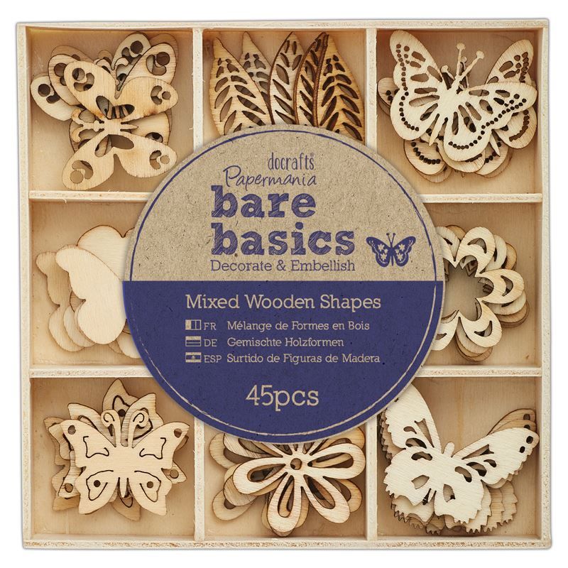 Wooden Shapes (45pcs) - Bare Basics - Flowers & Butterflies
