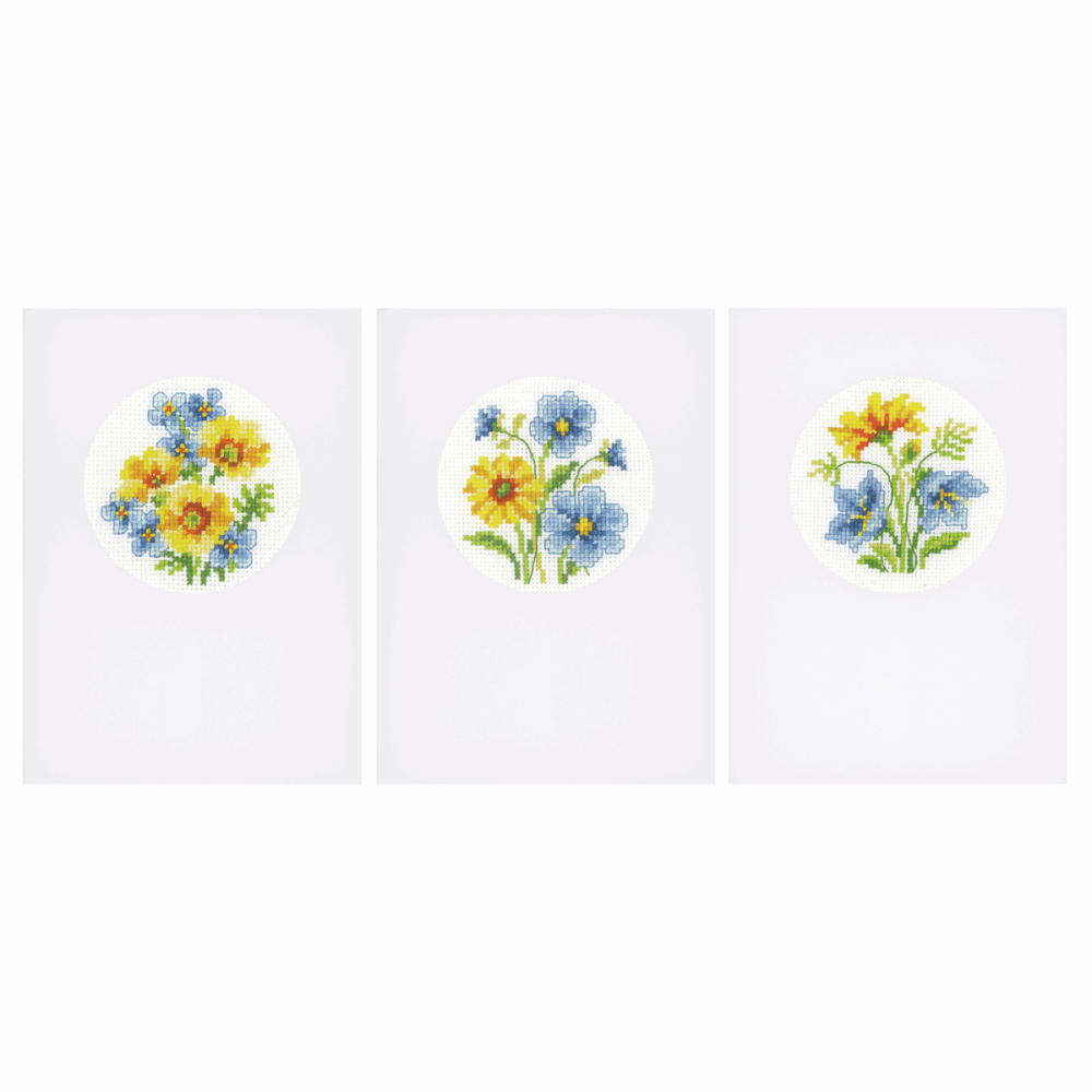 Counted Cross Stitch Kit: Card: Blue & Yellow Flowers: Set of 3