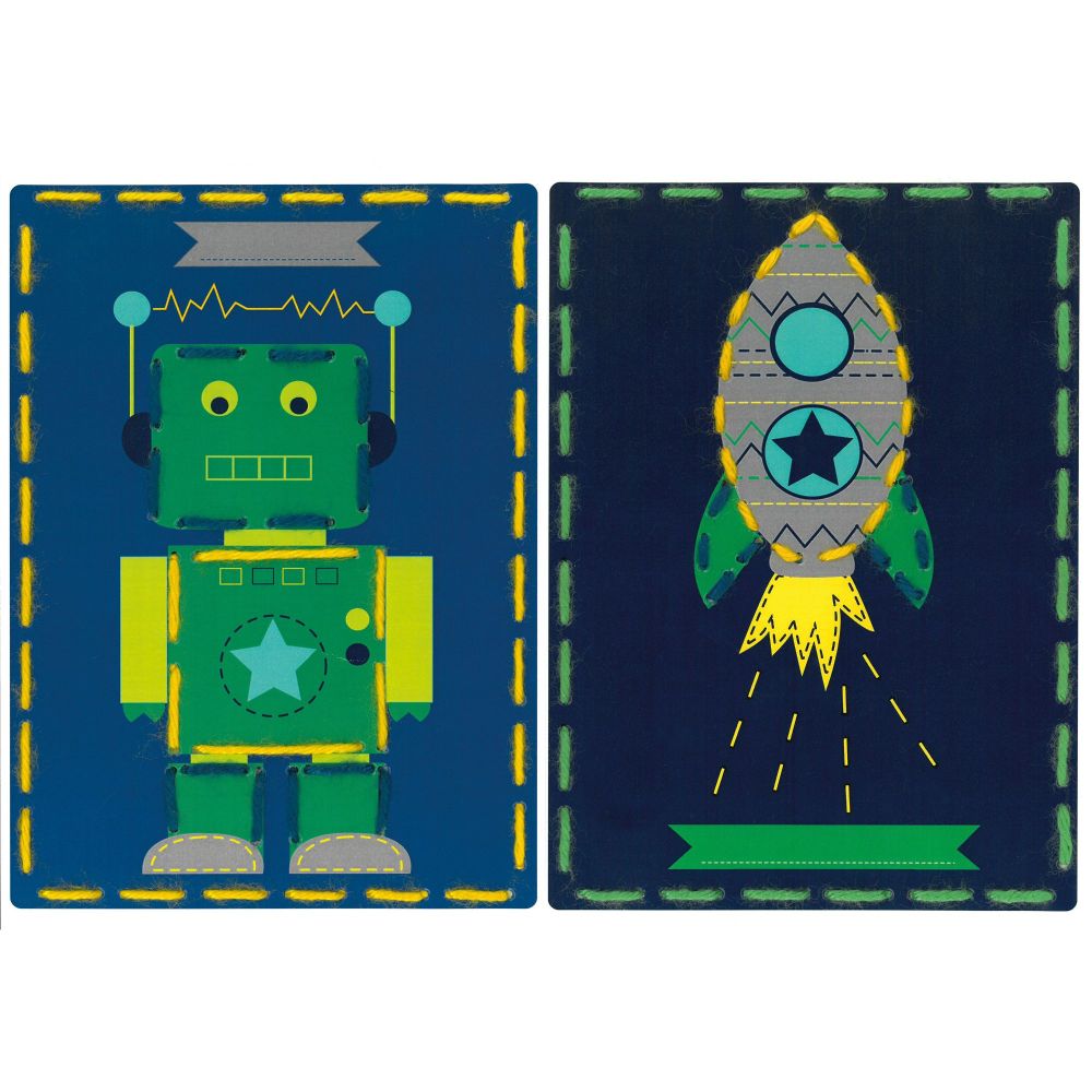 Embroidery Kit: Cards: Robot and Rocket: Set of 2