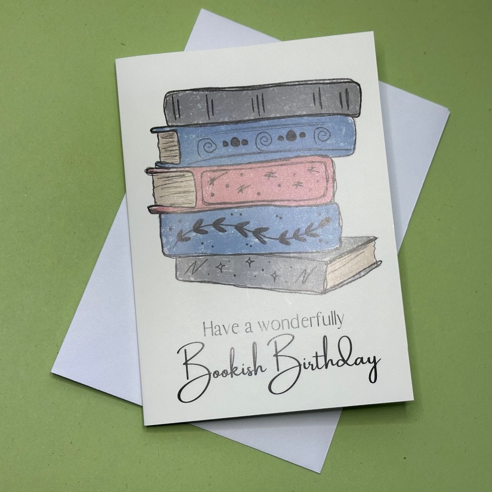 Bookish birthday (Pink, Blue & grey) | Greetings Card