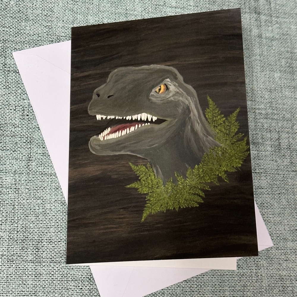 Dinosaur raptor with background | Greetings Card