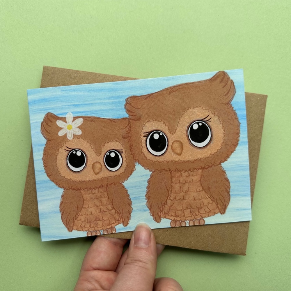 Owls in love (blue) | Greetings Card
