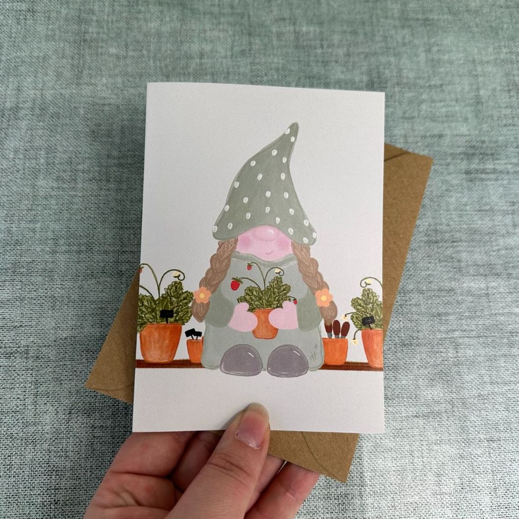 Ginny the Garden Gonk Greetings Card (Grey background)