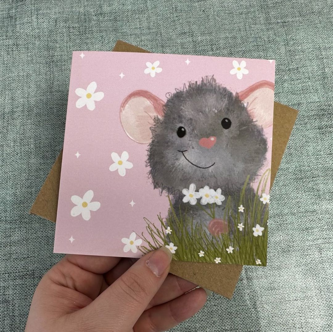 Little Mouse with pink background Greetings Card