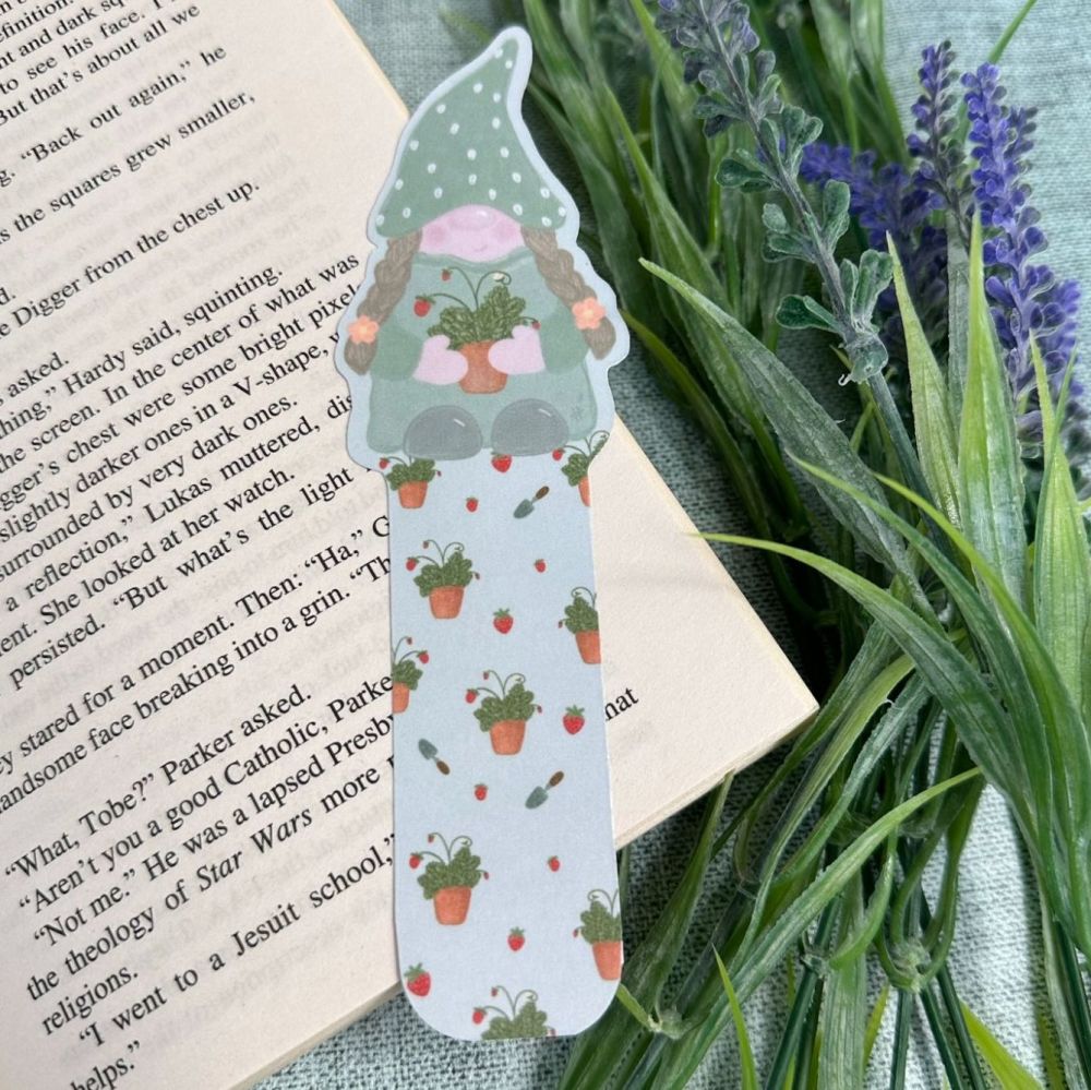 Garden Gonk die cut holographic bookmark - Ginny and her strawberry pot
