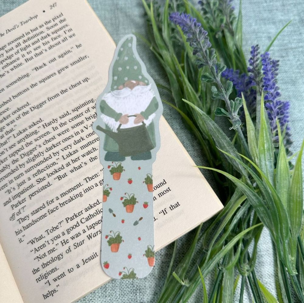 Garden Gonk die cut holographic bookmark - Sage Gonk with a watering can