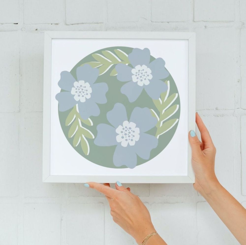 Pastel blue & green simplistic florals Square Art Print
