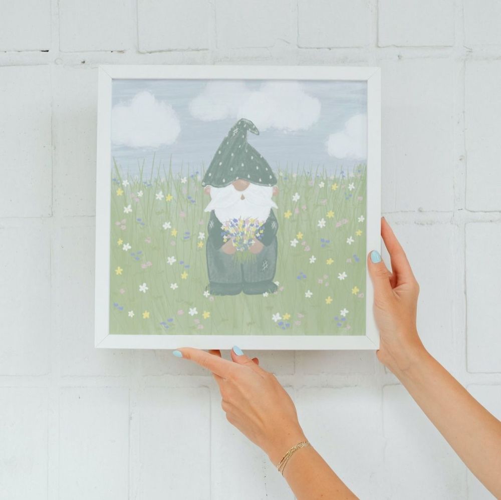Gonk in a flower meadow Square Art Print