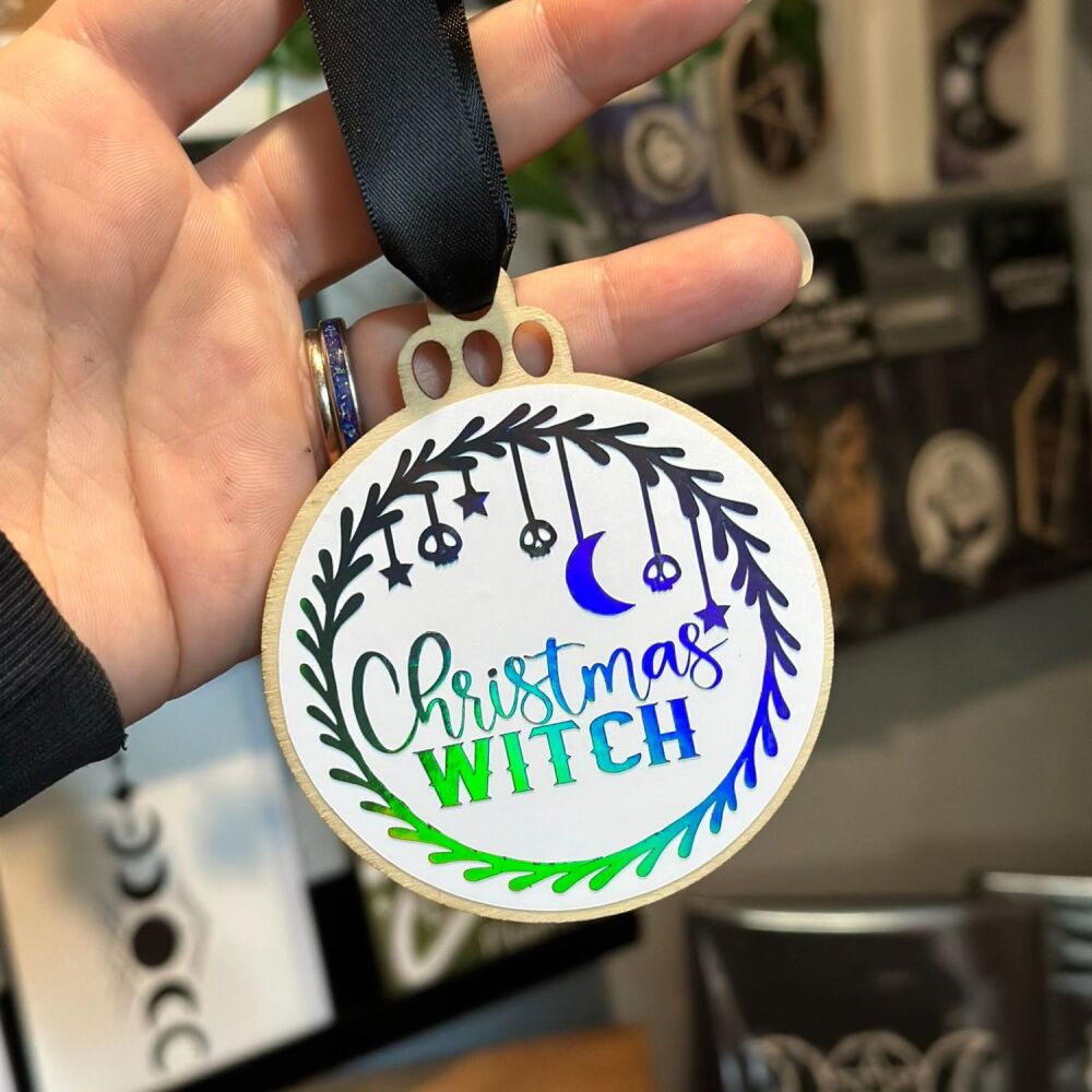 Christmas Witch Bauble (Holographic black on white)