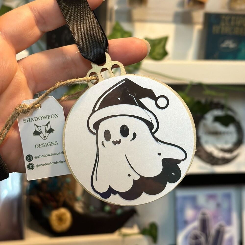 Christmas ghost Bauble (Holographic black on white)