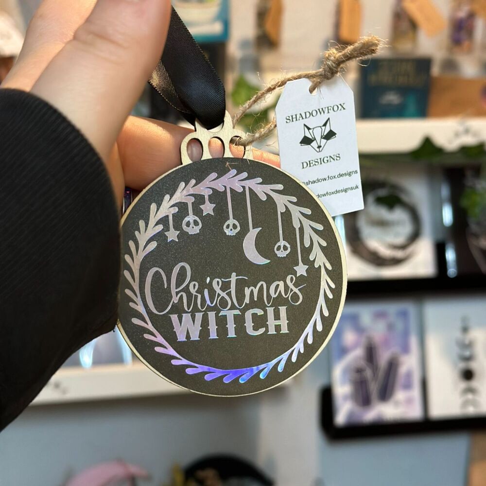 Christmas Witch Bauble (Holographic silver on black)