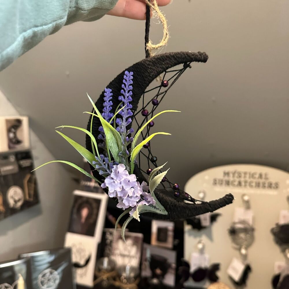 Black Macrame Moon Decoration with wildflowers and beaded web
