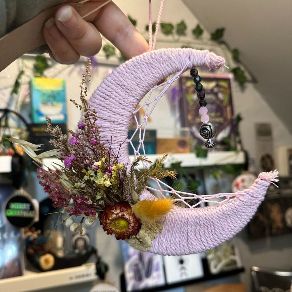 Pink Macrame Moon Decoration with wildflowers and beaded dangle