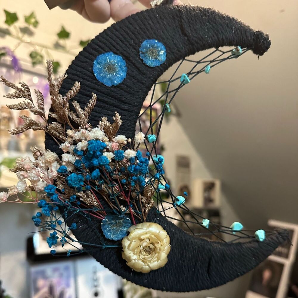 Black Macrame Moon with wildflowers and crystal chip embellished web