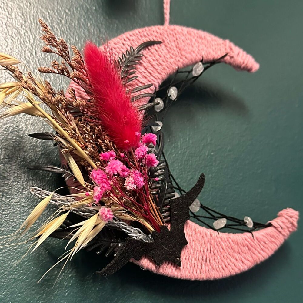 Pink Macrame Moon Decoration with wildflowers and little bat