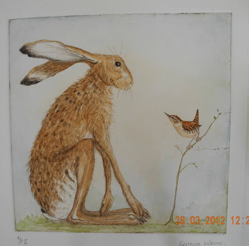 hare and wren hand tinted dry point